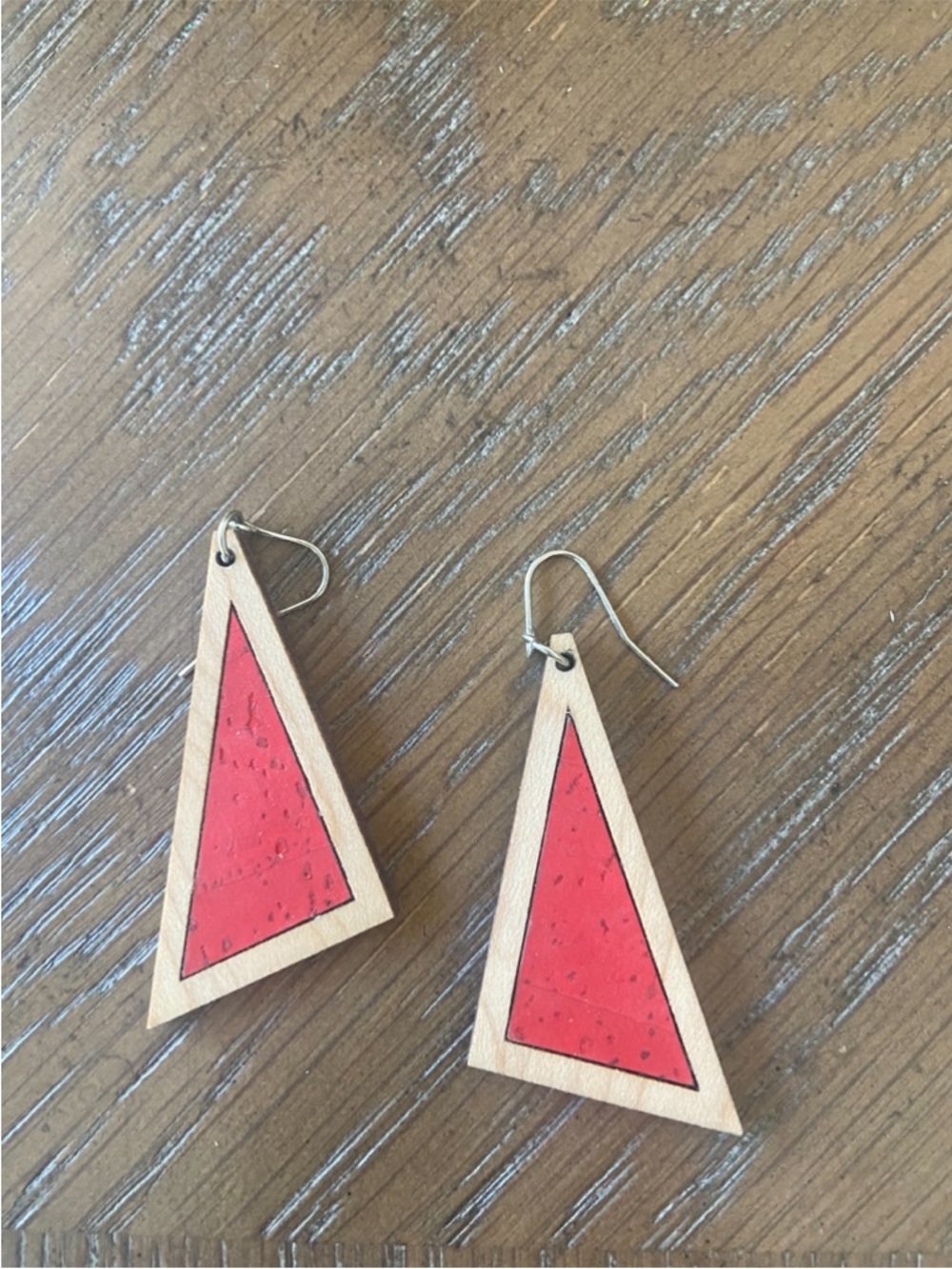 Handcrafted Red Triangle Wood Drop Earrings
